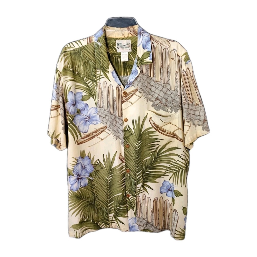 Vtg Diamond Head Sportswear Men's Large All Over Print Hawaiian Rayon Shirt 80's